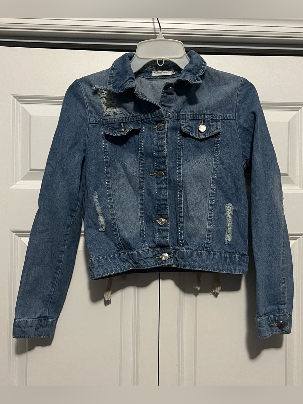 Drôle de Copine Paris Distressed Cropped Denim Jacket